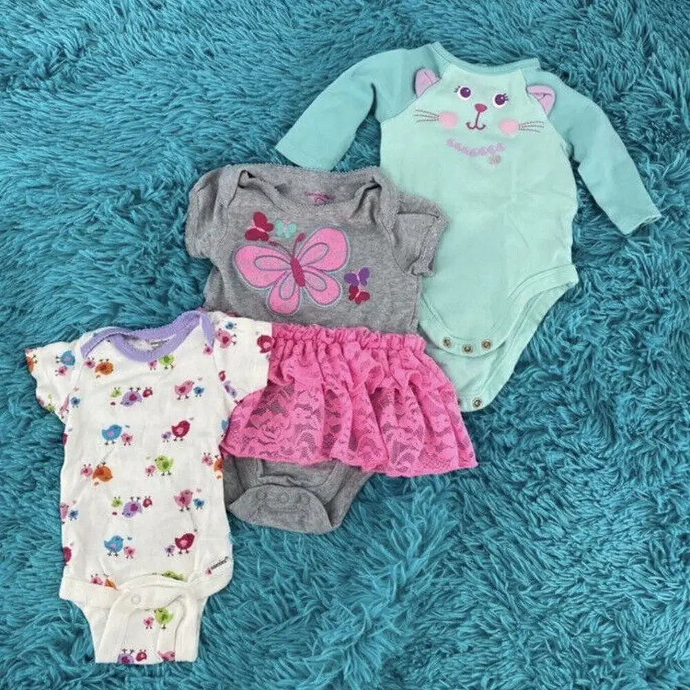 Baby Girl 0-3M Garanimals Onesies Bundle Cat Butterfly Tutu Birds 3 Piece Lot
